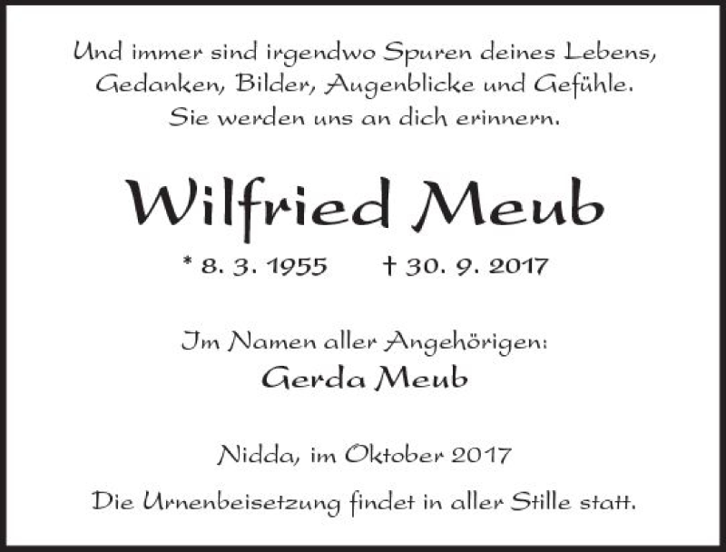  Traueranzeige für Wilfried Meub vom 07.10.2017 aus  Kreisanzeiger