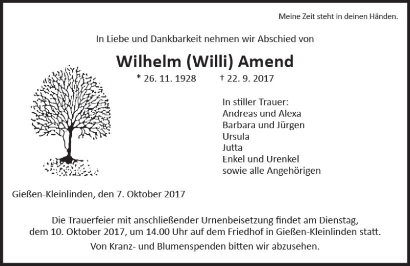  Traueranzeige für Wilhelm Amend vom 07.10.2017 aus  Gießener Anzeiger
