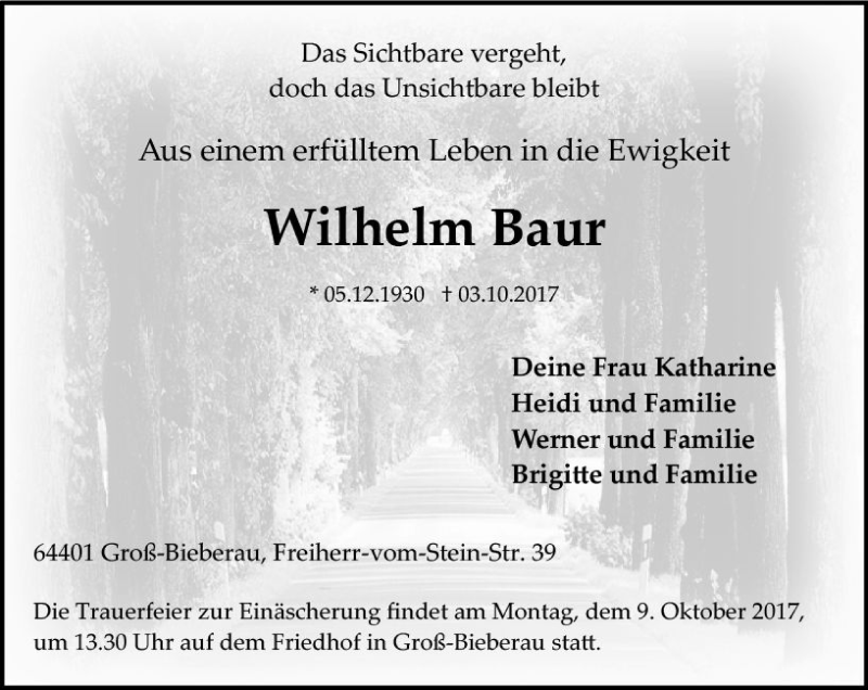 Traueranzeige für Wilhelm Baur vom 07.10.2017 aus Trauerportal Echo Online