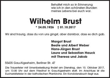 Traueranzeige von Wilhelm Brust von Trauerportal Rhein Main Presse