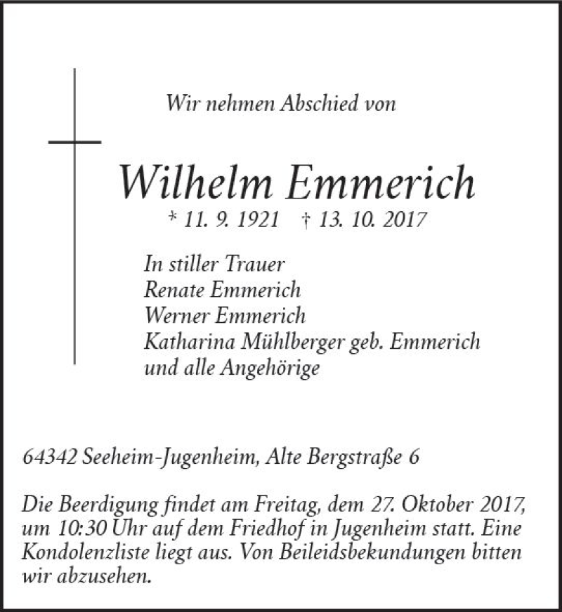  Traueranzeige für Wilhelm Emmerich vom 18.10.2017 aus Trauerportal Echo Online