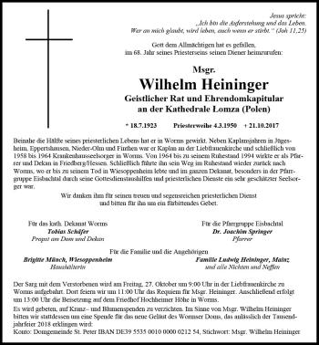 Traueranzeige von Wilhelm Heininger von Trauerportal Rhein Main Presse