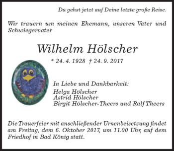 Traueranzeige von Wilhelm Hölscher von Trauerportal Echo Online