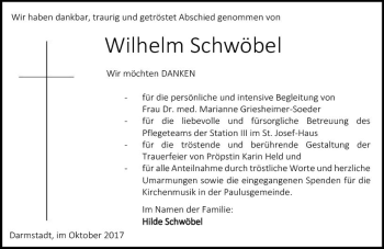 Traueranzeige von Wilhelm Schwöbel von Trauerportal Echo Online