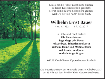Traueranzeige von Wilhelm Ernst Bauer von Trauerportal Echo Online