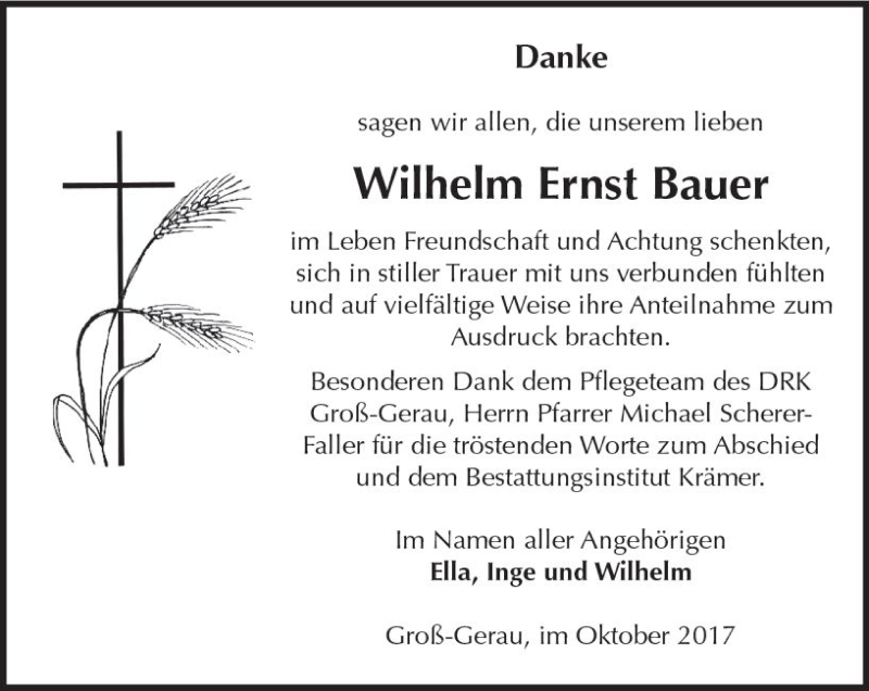  Traueranzeige für Wilhelm Ernst Bauer vom 28.10.2017 aus Trauerportal Echo Online