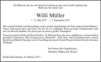 Traueranzeige von Willi Müller von  Gießener Anzeiger