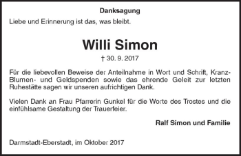 Traueranzeige von Willi Simon von Trauerportal Echo Online
