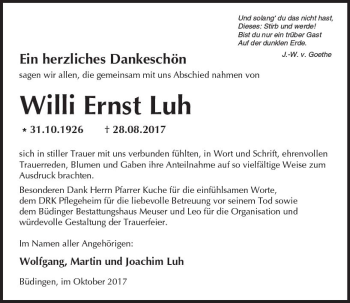 Traueranzeige von Willi Ernst Luh von  Kreisanzeiger