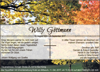 Traueranzeige von Willy Göttmann von Trauerportal Echo Online