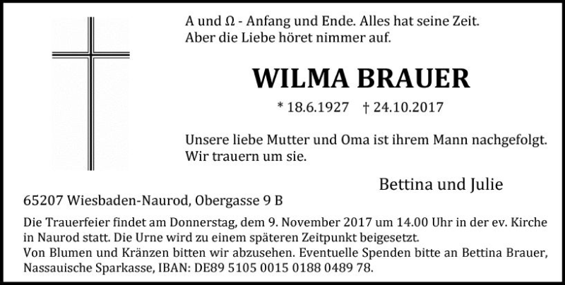  Traueranzeige für Wilma Brauer vom 28.10.2017 aus Trauerportal Rhein Main Presse