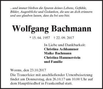 Traueranzeige von Wolfgang Bachmann von Trauerportal Rhein Main Presse