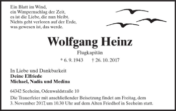 Traueranzeige von Wolfgang Heinz von Trauerportal Echo Online
