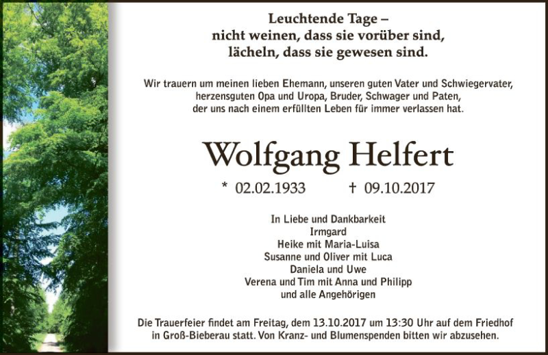  Traueranzeige für Wolfgang Helfert vom 12.10.2017 aus Trauerportal Echo Online