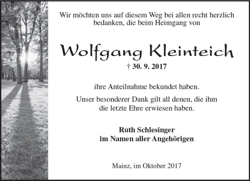  Traueranzeige für Wolfgang Kleinteich vom 21.10.2017 aus Trauerportal Rhein Main Presse