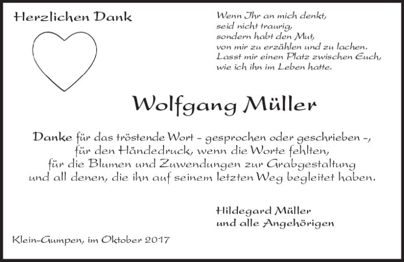  Traueranzeige für Wolfgang  Müller vom 21.10.2017 aus Trauerportal Echo Online