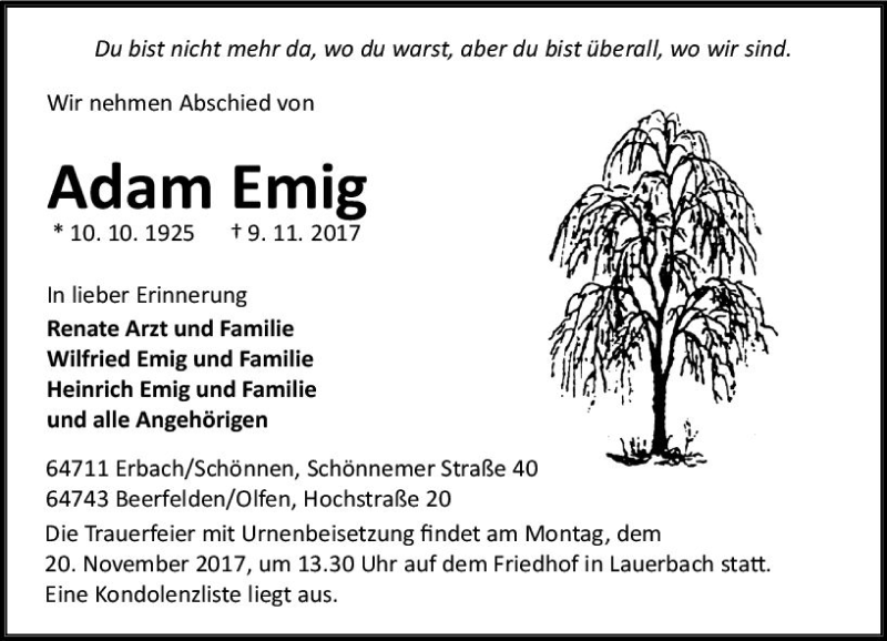  Traueranzeige für Adam Emig vom 17.11.2017 aus Trauerportal Echo Online