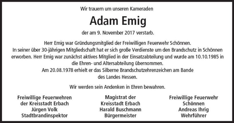  Traueranzeige für Adam Emig vom 20.11.2017 aus Trauerportal Echo Online