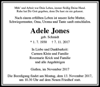 Traueranzeige von Adele Jones von  Gießener Anzeiger