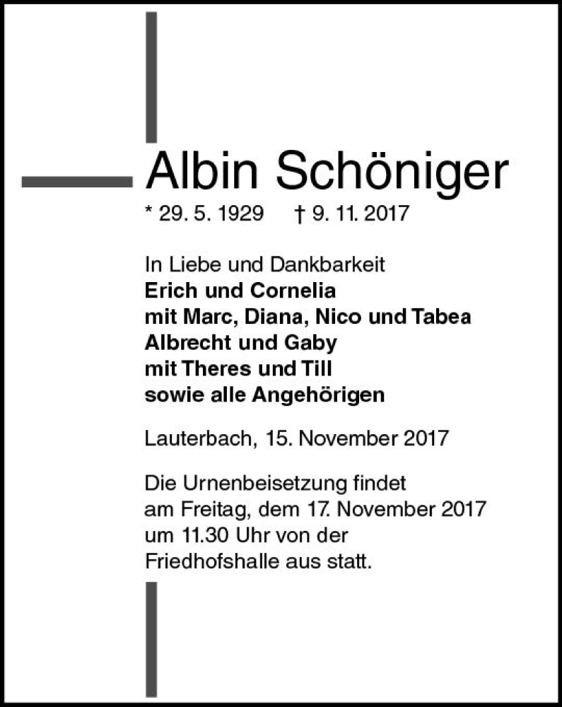  Traueranzeige für Albin Schöniger vom 15.11.2017 aus VRM Trauer