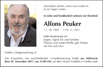 Traueranzeige von Alfons Peuker von  Gießener Anzeiger