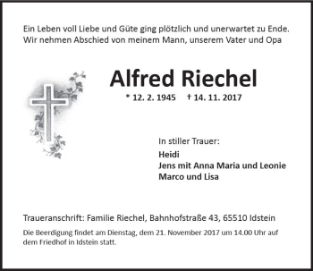Traueranzeige von Alfred Riechel von Trauerportal Rhein Main Presse