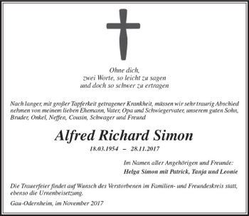 Traueranzeige von Alfred Richard Simon von Trauerportal Rhein Main Presse