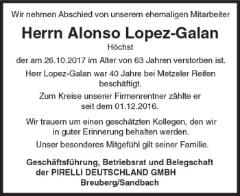 Traueranzeige von Alonso Lopez-Galan von Trauerportal Echo Online
