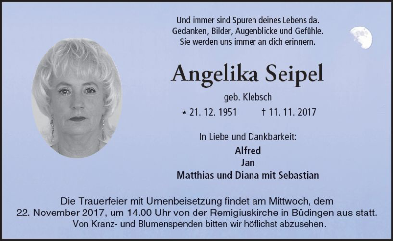  Traueranzeige für Angelika Seipel vom 18.11.2017 aus  Kreisanzeiger
