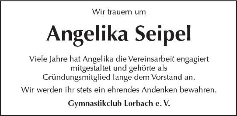  Traueranzeige für Angelika Seipel vom 21.11.2017 aus  Kreisanzeiger