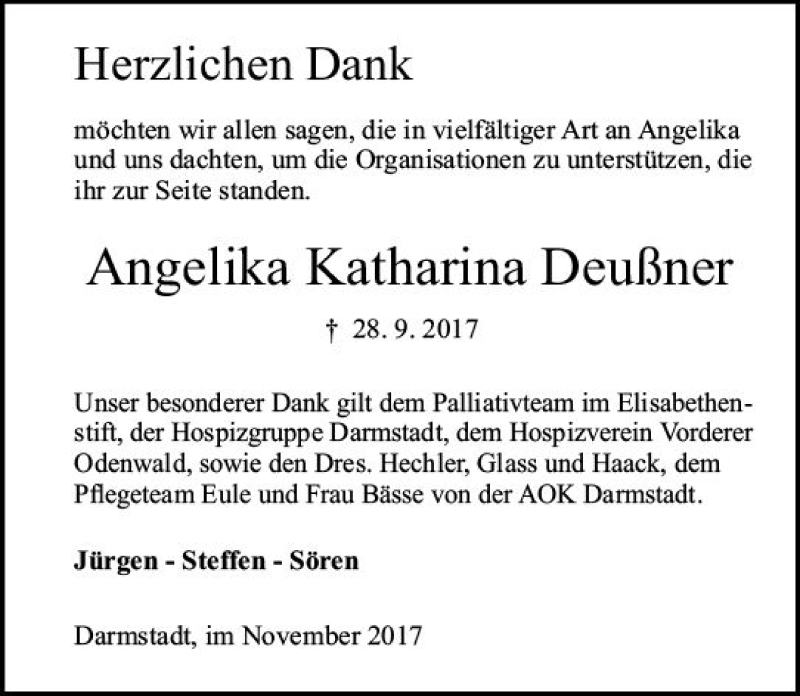  Traueranzeige für Angelika Katharina Deußner vom 11.11.2017 aus Trauerportal Echo Online