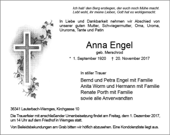 Traueranzeige von Anna Engel von VRM Trauer