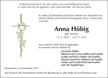 Traueranzeige von Anna Höbig von  Kreisanzeiger