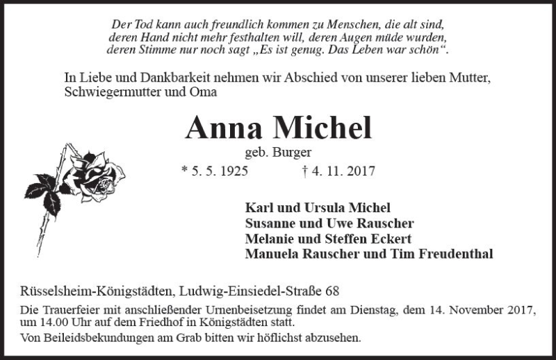  Traueranzeige für Anna Michel vom 11.11.2017 aus Trauerportal Rhein Main Presse