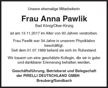 Traueranzeige von Anna Pawlik von Trauerportal Echo Online