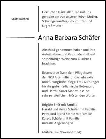Traueranzeige von Anna Barbara Schäfer von Trauerportal Echo Online