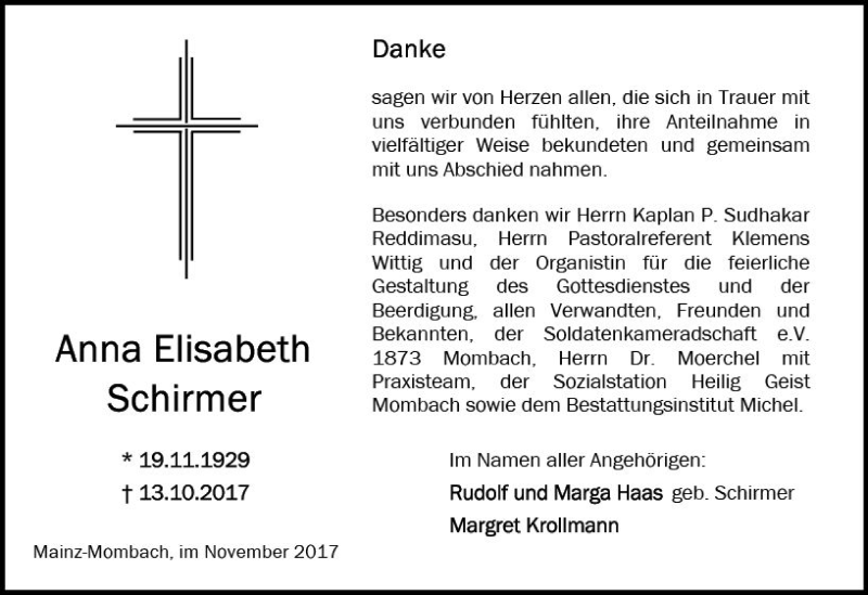  Traueranzeige für Anna Elisabeth Schirmer vom 04.11.2017 aus Trauerportal Rhein Main Presse