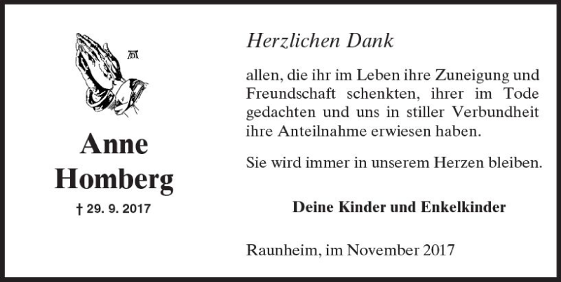  Traueranzeige für Anne Homberg vom 04.11.2017 aus Trauerportal Rhein Main Presse