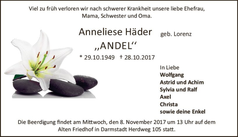  Traueranzeige für Anneliese Häder vom 04.11.2017 aus Trauerportal Echo Online