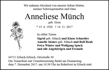 Traueranzeige von Anneliese Münch von Trauerportal Rhein Main Presse