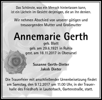 Traueranzeige von Annemarie Gerth von VRM Trauer