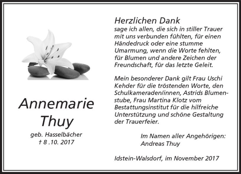  Traueranzeige für Annemarie Thuy vom 09.11.2017 aus  Camberger Anzeiger
