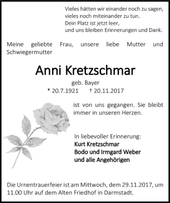 Traueranzeige von Anni Kretzschmar von Trauerportal Echo Online