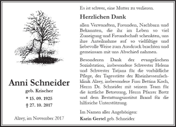 Traueranzeige von Anni Schneider von Trauerportal Rhein Main Presse