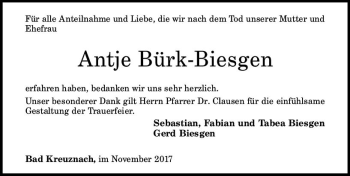 Traueranzeige von Antje Bürk-Biesgen von Trauerportal Rhein Main Presse