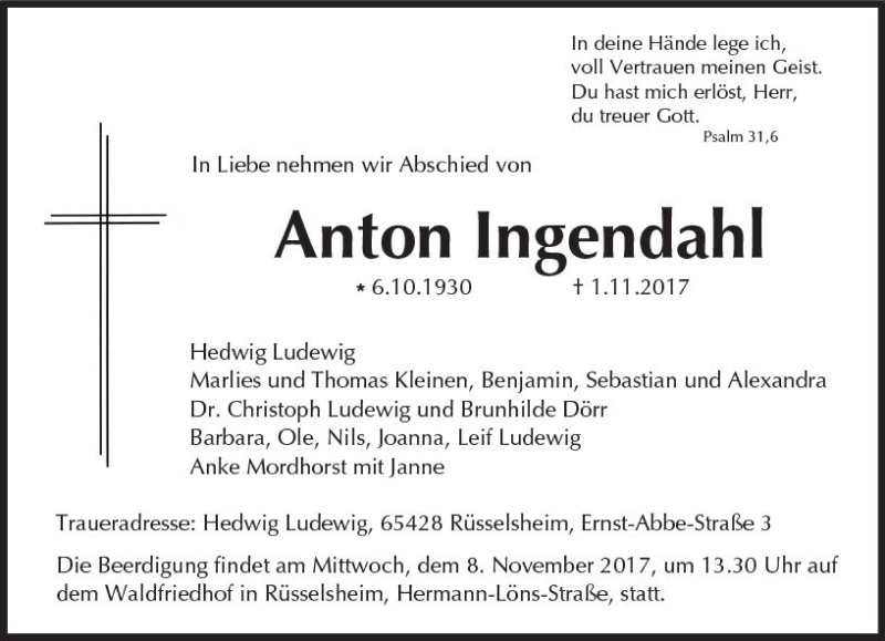  Traueranzeige für Anton Ingendahl vom 04.11.2017 aus Trauerportal Rhein Main Presse