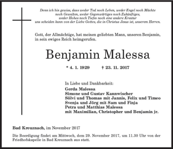 Traueranzeige von Benjamin Malessa von Trauerportal Rhein Main Presse