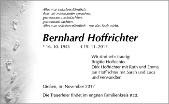 Traueranzeige von Bernhard Hoffrichter von  Gießener Anzeiger