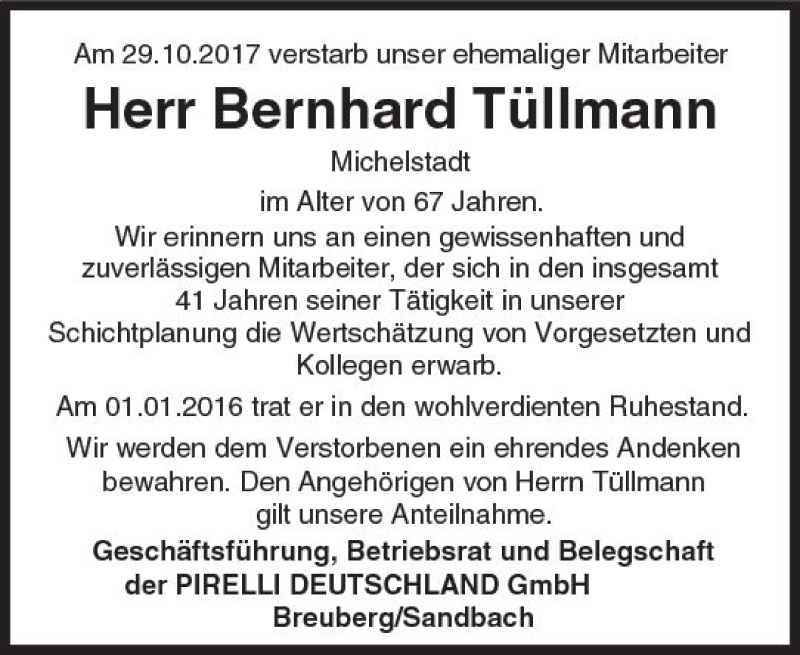  Traueranzeige für Bernhard Tüllmann vom 15.11.2017 aus Trauerportal Echo Online