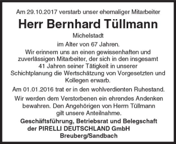 Traueranzeige von Bernhard Tüllmann von Trauerportal Echo Online